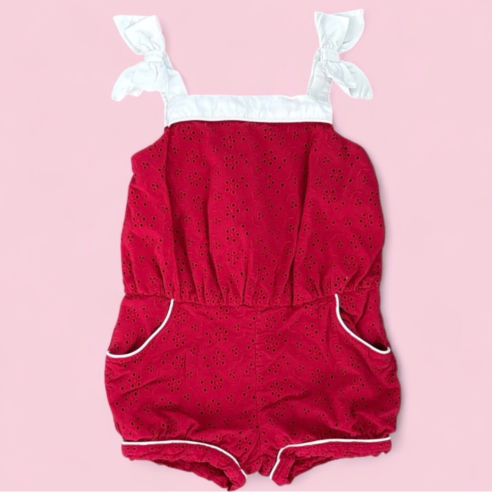 Janie and Jack Red Eyelet Bubble Romper w/ White Bow Straps Sz 2T